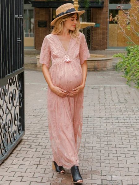 Vestidos de encaje de manga corta con cuello en V vestido de maternidad ocio sesión de fotos verano blanco embarazo mujeres embarazadas fotografía ropa Vestidos