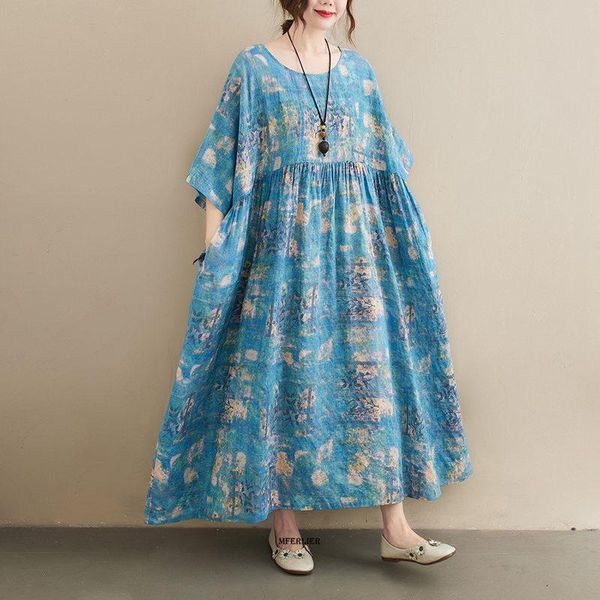 Robes Grande taille 6XL 150KG robe florale d'été pour les femmes coton lin à manches courtes coton lin robe Maxi dames décontracté grandes robes