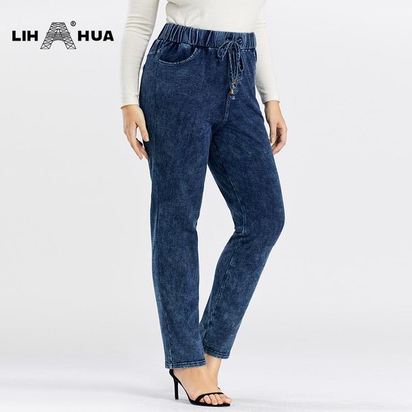 Vestidos Lih Hua Pantalones Vaqueros De Talla Grande para Mujer Otoño Pantalones De Mezclilla De Punto De Algodón De Estiramiento Alto Pantalones Vaqueros Suaves Informales