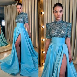 Robes Ligne Blue Elegant Lac A Evening High Neck Sleeves Squins Sequins Prom Spand Sweep Sweep Train Long Robe pour Special OCN