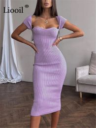 Robes liooil sexy tricot corset robe femme robe manche courte couche coude violet vert côte