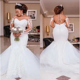 Robes longues sirènes perlées à manches lourdes appliques perles de mariage africain robes de mariée plus taille vestido de noiva 2020