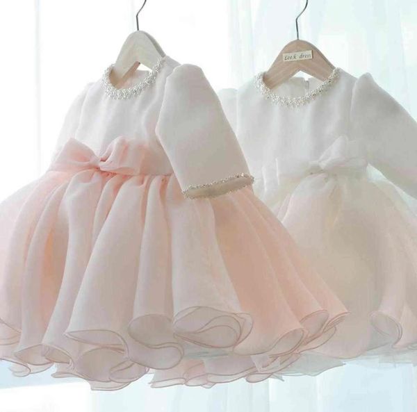Robes à manches longues Baby fille robes perles arc robe baptême pour princesse 1 an d'anniversaire robe de mariage Baby baptême vêtements g1