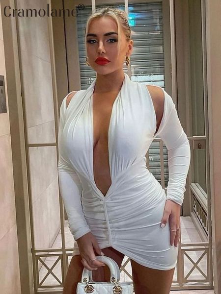 Vestidos de manga larga con cuello halter y espalda descubierta, minivestido sexy ajustado para mujer, trajes de fiesta para club, vestidos ajustados, primavera 2023, negro y blanco