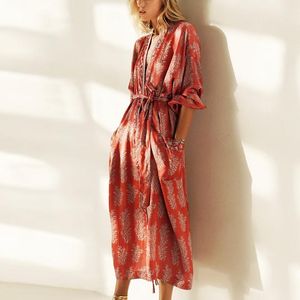 Jurken Lange Mouw Kimono Lange Jurken Vrouwen Cover Up Vintage Satijn Rode Bloemenprint Herfst Vestidos Boho Side Split 2021 gewaad