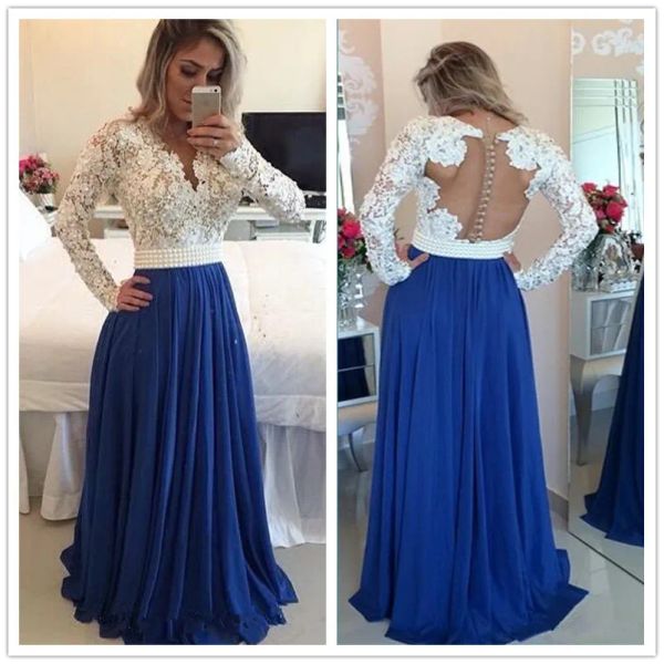 Vestidos Mangas largas Pearls Pearls Prom Vestidos V Cuello Un vestido de noche blanco y azul