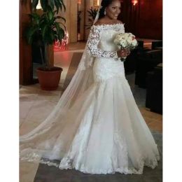 Jurken lange mouwen trouwjurken met kanten Appliques 2019 Court Train Mermaid Bridal Jurys Lace Up Wedding Gown Robe de Mariee