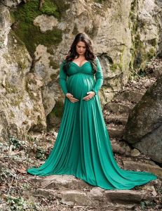 Robes Robes de maternité à longue queue accessoires de photographie col en V robe Maxi robe en coton femmes enceintes grossesse automne vêtements de séance Photo