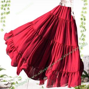 Robes Jupes longues en tulle pour femmes, jupes d'été élégantes de grande taille, style Boho rouge en mousseline de soie plissée, jupes longues de danse pour femmes, mode 2023