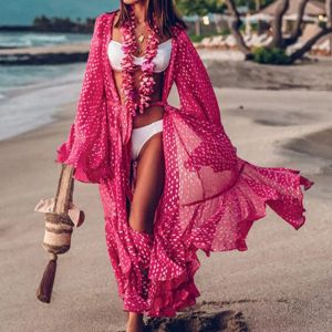 Jurken Loose Chiffon Polkadot Cardigan Maxi Dress One Piece Set Lace Up Coverups Beach Outfits For Women Ruches Ruches Ruche Long Sleeve Swimsuits