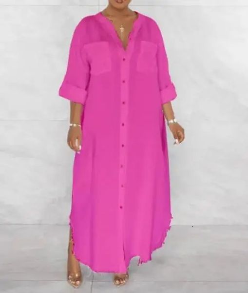 Robes Lâche Couleur Unie À Manches Longues Simple Boutonnage Demi-Col Ouvert Robe À Franges Mode Européenne Américaine Vêtements Pour Femmes 240323