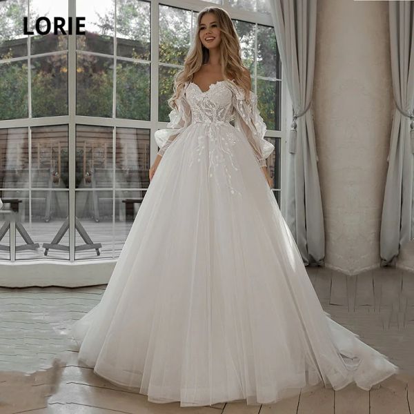 Robes Lorie Glitter Robes de mariée Puff Sleeve Appliques en dentelle 3D Fleurs au large de l'épaule Tulle Boho Bride Bride 2021 Vestidos de Novia