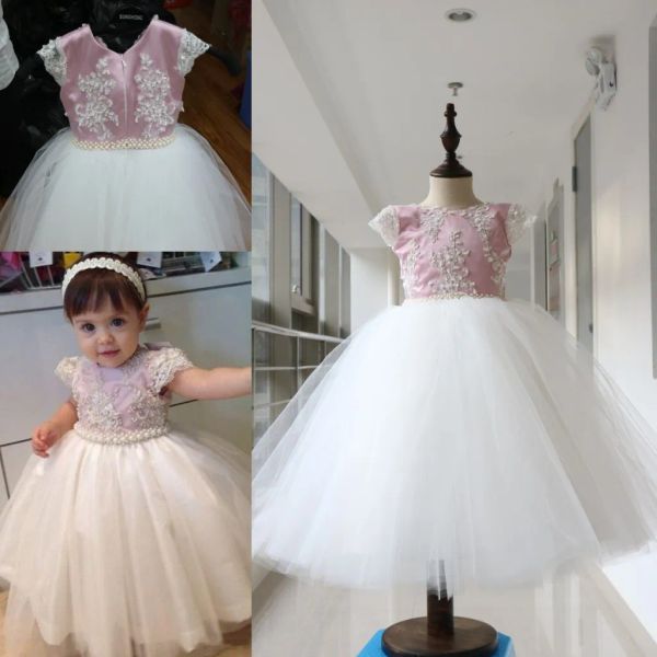 Vestidos encantadores vestidos de fiesta de pelota con cuentas de perlas vestidos de fiesta para niña 2017 vestidos de comunión para niños vestidos de fiesta formales para boda 100% real i