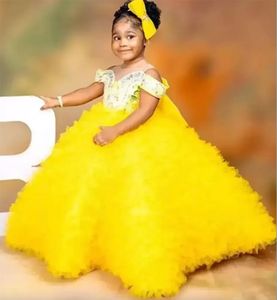 Jurken Mooie gele bruiloft bloemenmeisje jurken pure nek baljurk kinderen verjaardagsfeestjes jurken kralen vlinderdas toddler optocht draagt