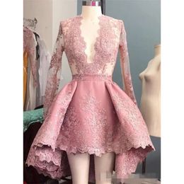 Jurken Low Pink High Prom Plunging V Neck Lange mouwen Lace Applique 2020 bescheiden avondfeestjurk op maat gemaakte plus maat