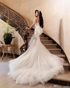 Jurken Luxe Arabische Zeemeermin Trouwjurken Dubai Sparkly Kristallen Lange Mouwen Bruidsjurken Hof Trein Tule Rok robes de mariee