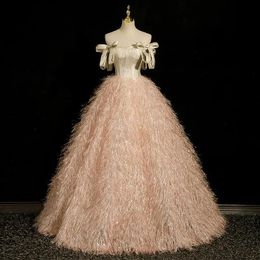 Robes de luxe plumes robes de bal robe de bal princesse corset brillant rose champagne robes de fête à l'épaule bliling quinceanera dres soir