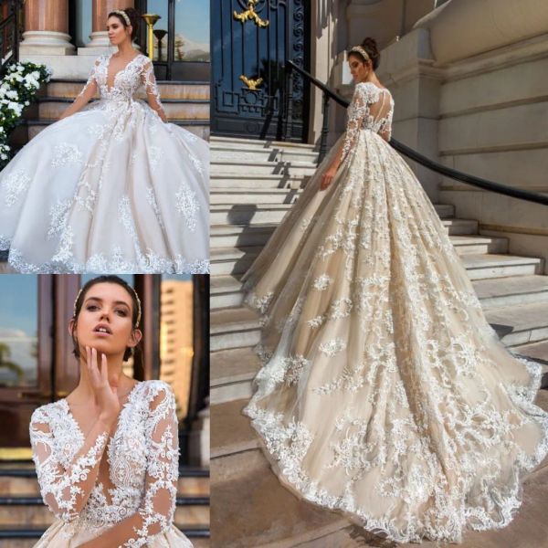 Vestidos de vestidos de novia de manga larga de lujo Aplicado de encaje Diseño de cristal 2019 Vestidos nupciales Train Modest Wedding Wedding Dre