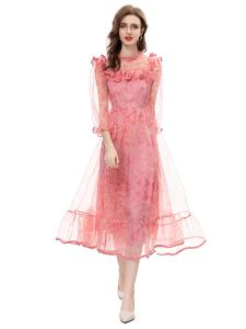 Jurken Luxe dames lente zomer hoge kwaliteit mode feest roze bedrukte ruches casual mooie klassieke transparante midi-jurk