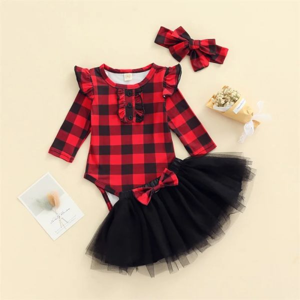 Vestidos MaBaby 018M Navidad recién nacido bebé niñas ropa conjunto mameluco a cuadros faldas tutú Navidad Año nuevo ropa de bebé disfraces D84