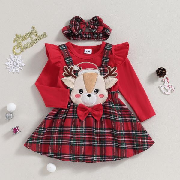 Vestidos mababy 018M Navidad recién nacido bebé niña conjuntos de ropa de punto mameluco rojo ciervo faldas a cuadros Headban trajes de Navidad disfraz D05