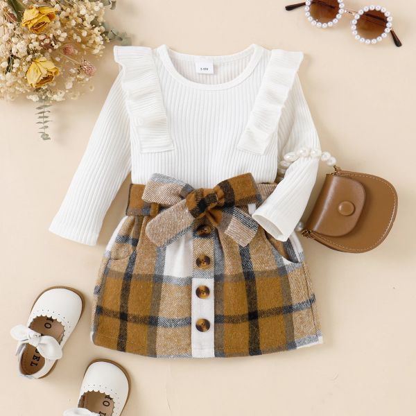 Robes mababy 018M enfant en bas âge nouveau-né bébé fille vêtements ensemble tricot à manches longues barboteuse Plaid Bow jupes printemps automne tenues D01