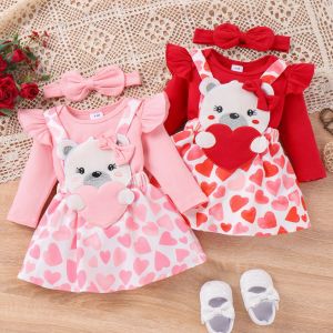 Jurken mababy 018M Valentijnsdag Pasgeboren Baby Peuter Baby Meisje Kleding Sets Rompertjes Beer Hart Print Rokken Hoofdband Outfits D05