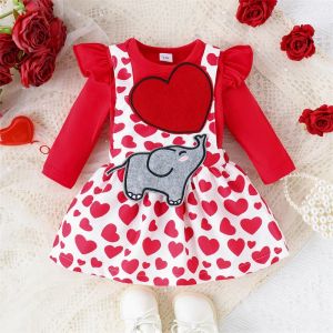 Robes mababy 018M Saint Valentin Nouveau-Né Bébé Fille Vêtements Ensembles Rouge Barboteuse Éléphant Coeur Imprimé Jupes Printemps Tenues D05