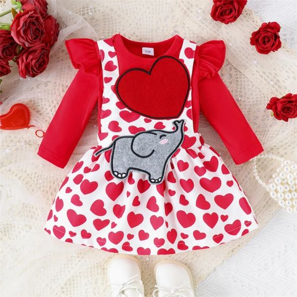 Vestidos mababy 018M Día de San Valentín Bebé recién nacido Conjuntos de ropa para niña Mameluco rojo Elefante Faldas con estampado de corazón Trajes de primavera D05