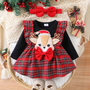 Vestidos mababy 324M Navidad recién nacido bebé niñas ropa conjuntos de punto mameluco cuadros ciervos faldas diadema trajes de Navidad trajes D05