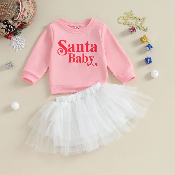 Vestidos mababy 9M4Y Navidad recién nacido bebé niña ropa conjuntos letras tops tul tutú faldas disfraces de Navidad trajes para niños pequeños D05