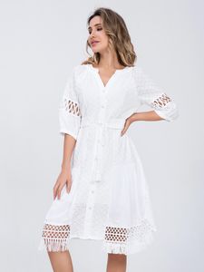 Vestidos Marwin Algodón con cordones Ahueca hacia fuera Vestido blanco de verano Mujer Vacaciones Casual Cintura alta Volantes Mini vestidos Aline volantes vestido