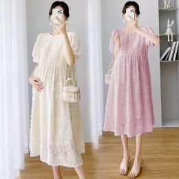Jurken Maternity Chiffon Dress 2023 Zomer nieuwe kleren voor zwangere vrouwen elegante roze hoge kwaliteit losse vaste zwangerschap jurken