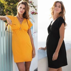 Jurken Zwangerschapskleding Jurken Zomer Pure Kleur V-hals Vrouwen Jurk Losse Plus Size Zwangere Rokken Casual Kleding 5823