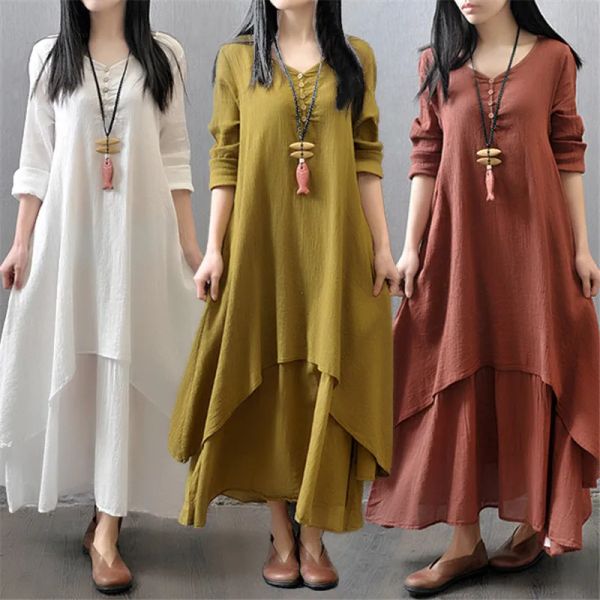 Vestidos Ropa de maternidad Vestido de manga larga Vestido Primavera Otoño Lino suelto Casual Mujer Mujer Bohemia Robe Vestido Vestidos Tallas grandes