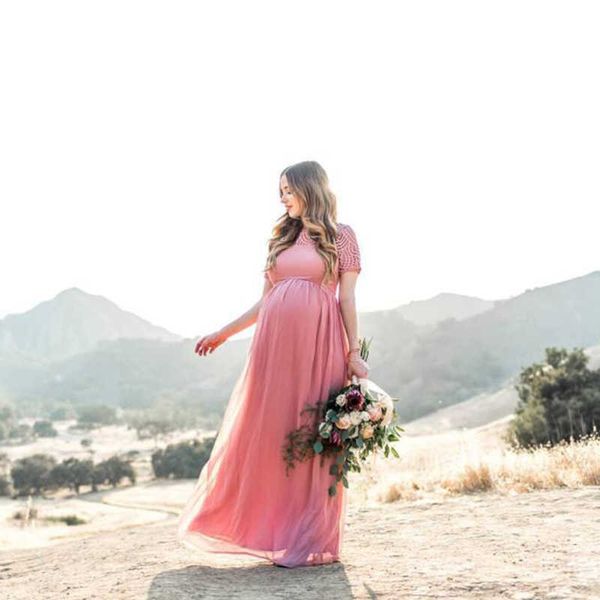 Robes Maternité photographie accessoires poussiéreux rose longue en mousseline de soie élégante vêtements de maternité robe en dentelle G220602