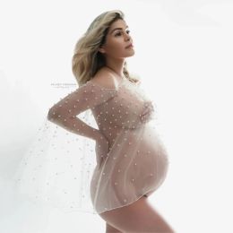 Jurken Maternity Photography Tule Pearl Cloak Tops Sexy Mesh zwangerschap Foto -schietdekte voor zwangere vrouwen Beading Blouse Cover