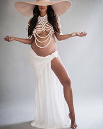 Dresses Maternity Sexy Chain Photography Props Dress for Pregnant Women Pearl Body Shoulder Necklace Rhinestone Photographer Accessories