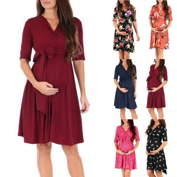 Vestidos Vestido cruzado de maternidad con cinturón ajustable Vestido informal suelto de algodón Ropa de maternidad para mujer Vestido de maternidad navideño de talla grande