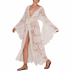 Robes Maxi Boho Kimono Kaftan Coverups Robe Robe Femmes Sheer Lace Crochet Wrap Robe de plage Blanc Long Cardigan ouvert sur le devant pour dame