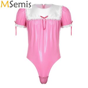 Vestidos para hombre Cremallera invisible Charol Body Sissy Maid Cosplay Traje Crossdresser Romper Encaje Trim Puff Manga Leotardo