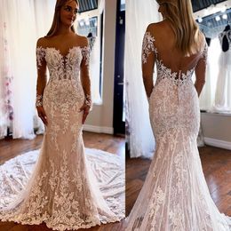 Jurken Mermaid Bridal prachtige jurk bruiloft kanten applique lange mouwen schep nek sweep trein op maat gemaakte landvestidos de novia