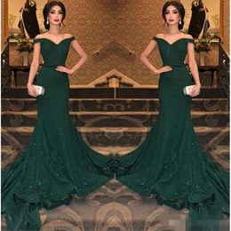 Dresses Mermaid Hunter Green Evening Sparkly Sequins Elegant Off The Shoulder Cap Sleeves 2019 Custom Made Formal Prom Party Gown