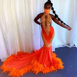 Robes sirène orange plumes bal pour filles noires appliques en dentelle licou