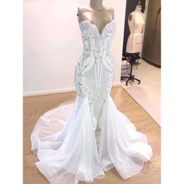 Jurken Mermaid White 2020 Sweetheart Sparkling Paillins Lace Organza Sweep Train Wedding Bridal Jurys BC3311