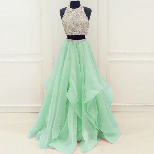 Vestidos Mint Organza Ruffles Cristales Beading Sequíns Dos piezas Dress Dress Aline Back Back Long Night Vestidos