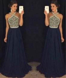 Jurken bescheiden halter marineblauwe avondjurken Chiffon kralen Crystal Arabia Vestidos de festa Lange feestjurk Prom Formal Pageant Celeb