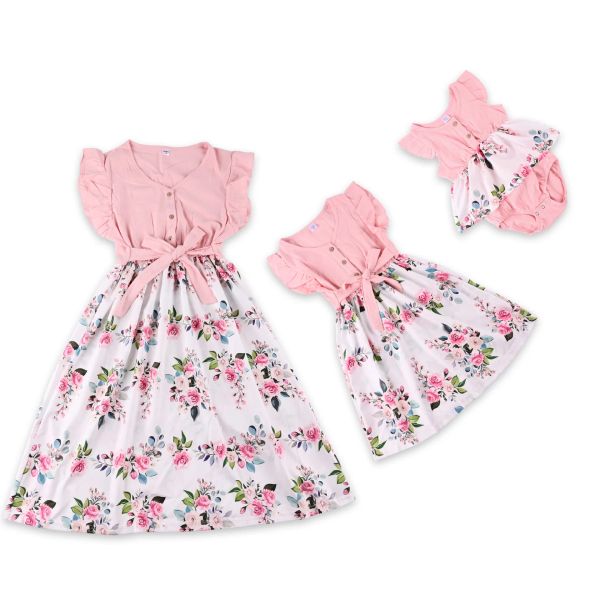 Vestidos Vestidos para madre e hija, conjunto familiar de flores, mamá, mamá, bebé, mamá y yo, ropa de moda, vestido de algodón, trajes para mujeres y niñas