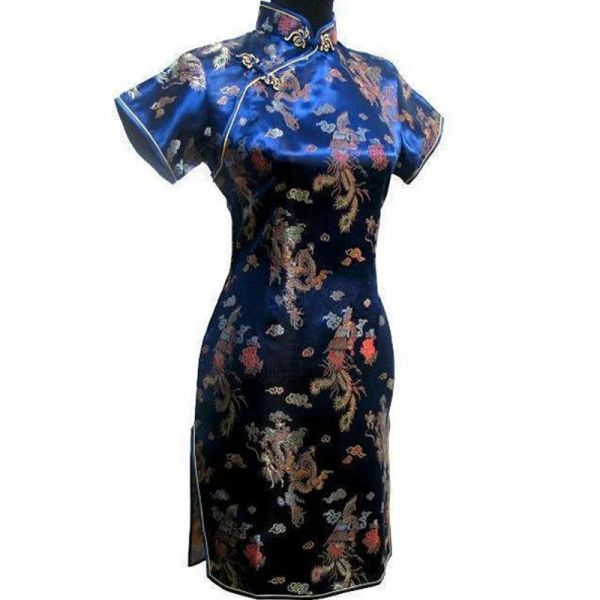 Vestidos azul marino tradicional chino vestido de mujer satén corto Qipao botón Vintage dragón Cheongsam talla grande 3xl 4xl 5xl 6xl