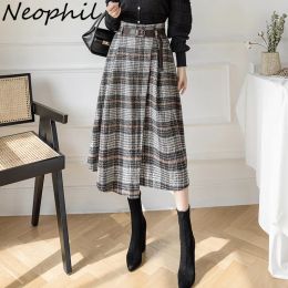 Jurken Neophil Nieuwe Winter Dikke Plaid Wollen Riem Asymmetrische Rokken Vrouwen Hoge Taille Sarong Engeland Stijl Geruite Midi Rok S21821